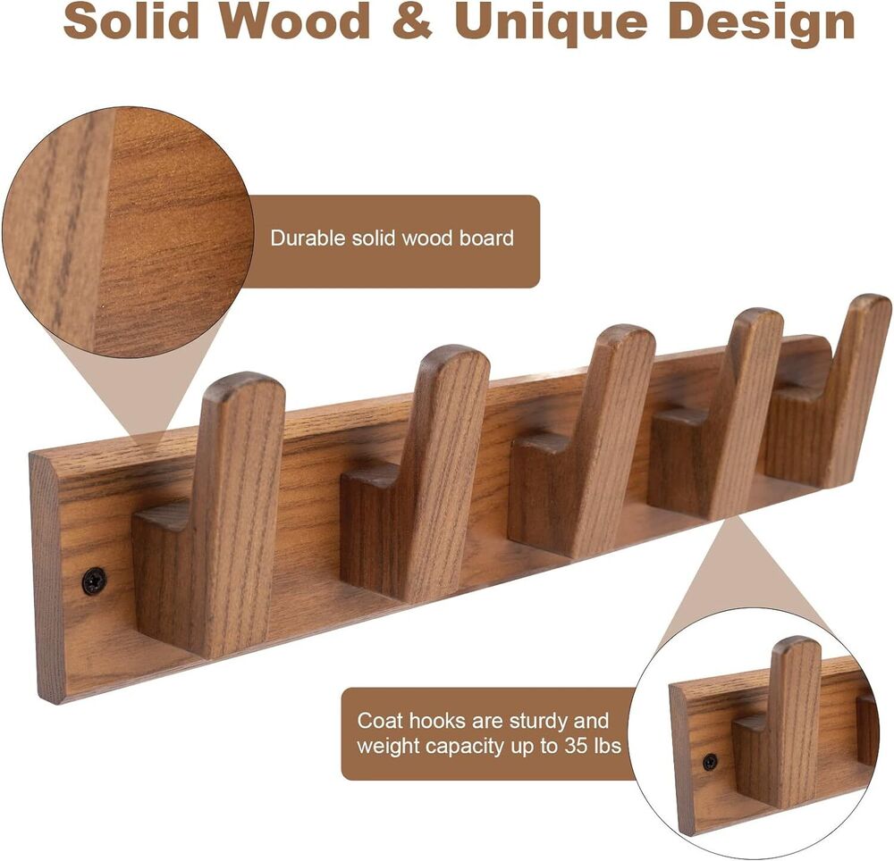 Handmade Wooden Coat Rack Wall Mount 5 Hooks for Hanging Coat Jacket Decoration