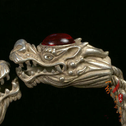 Collectible Chinese Ruby Tibet Silver Handwork Auspicious Dragon Bracelet