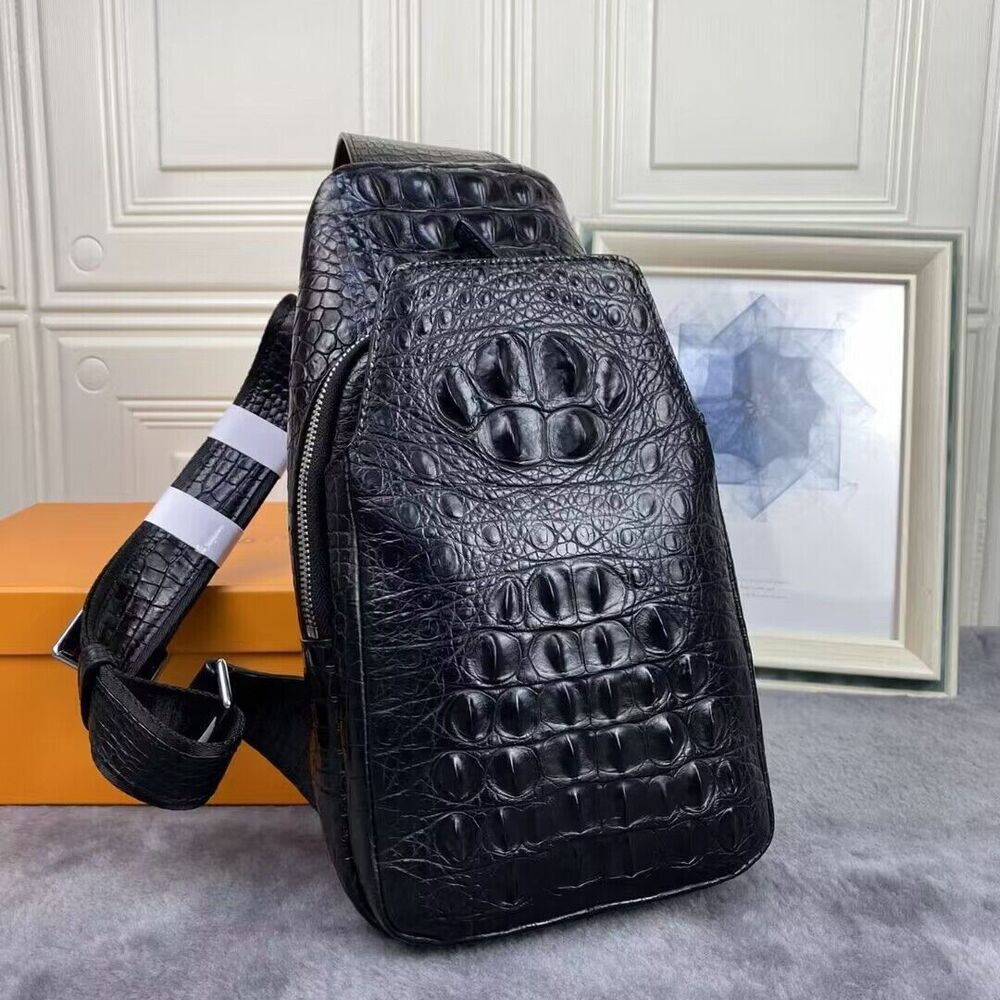 Original Crocodile Skin Leather Crossbody Bag, Men's Luxury Black Sling Backpack