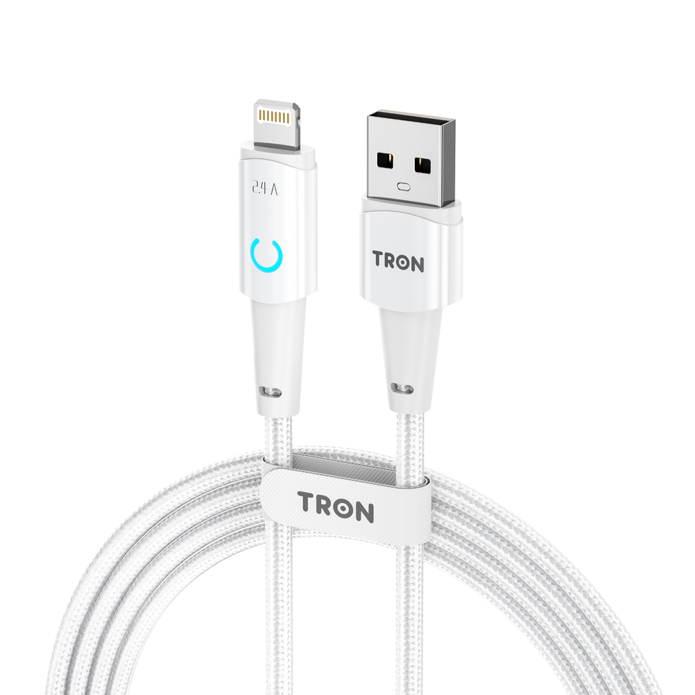 USB A to L Braided Charger Cable - Black & White, 6FT, with LED Light
