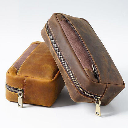 Handmade Cowhide Leather Pen Pouch Zipper Pencil Case Stationery Storage Pen Bag
