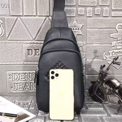 Soft Cow Leather Black Crossbody Chest Bag Hiking Sling Backpack Shoulder Bag