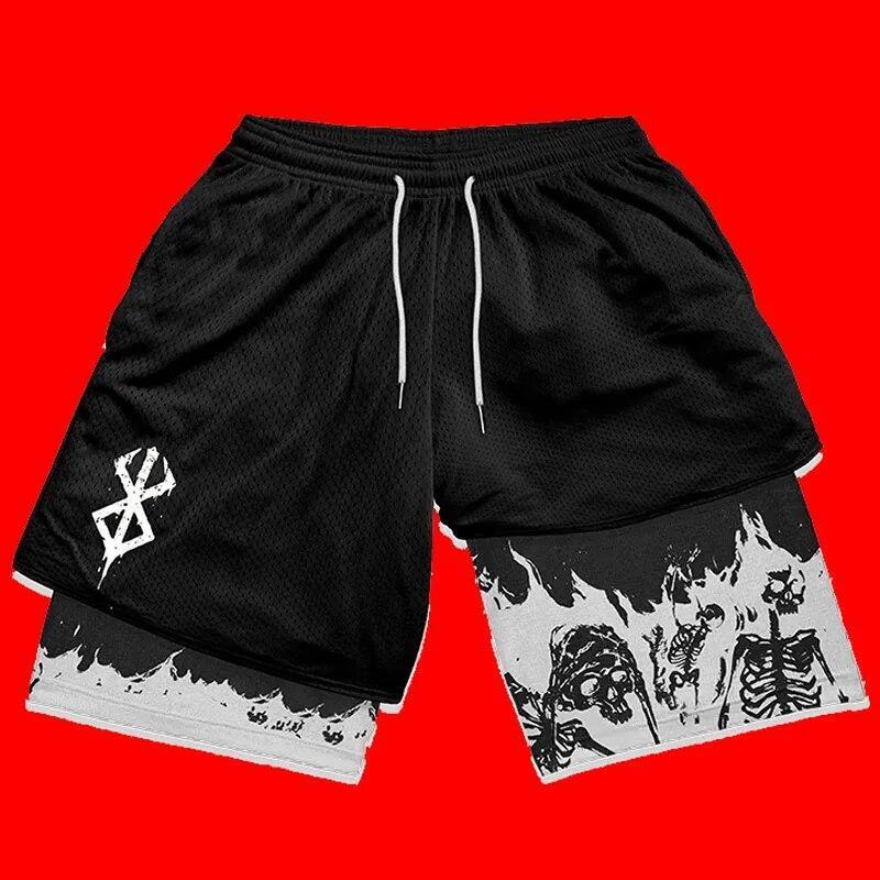 Anime Berserk 2 in 1 Gym Shorts Men Training Short Running Fitness Joggers Sport