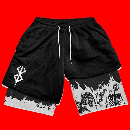 Anime Berserk 2 in 1 Gym Shorts Men Training Short Running Fitness Joggers Sport