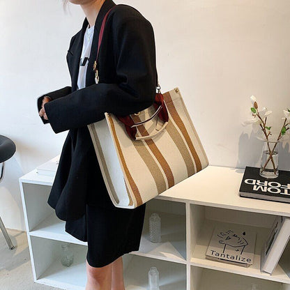 Canvas Tote Bag Women Handbag Stripe Shoulder Bags Big Shopper Totes