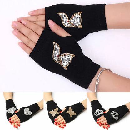 Women Fingerless Gloves Black Colour Half Finger Animals Pattern Rose Embroidery