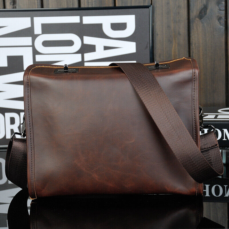 Mens Leather Sling Shoulder Bag 10" Business Briefcase Messenger Bag Double Lock