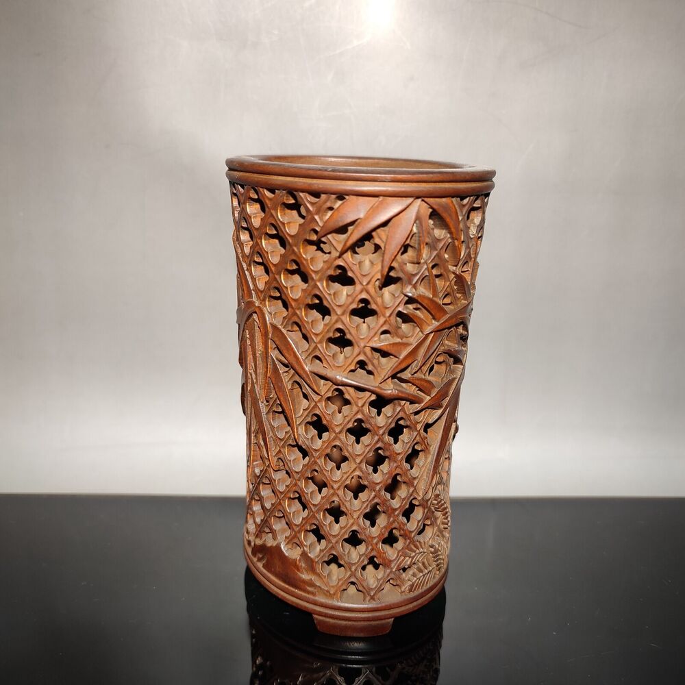 chinese bamboo carving antique carved brush pot pen case wood statue bamboo leaf