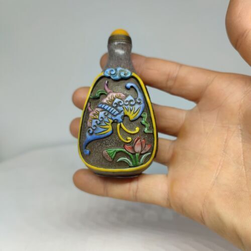 chinese carved butterfly flower peking glass snuff bottle painted Carving glaze