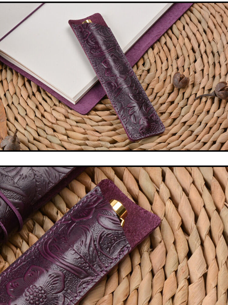 Handmade Cowhide Leather Carved Vintage Pencil Case Stationery Storage Bag