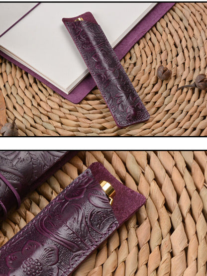Handmade Cowhide Leather Carved Vintage Pencil Case Stationery Storage Bag