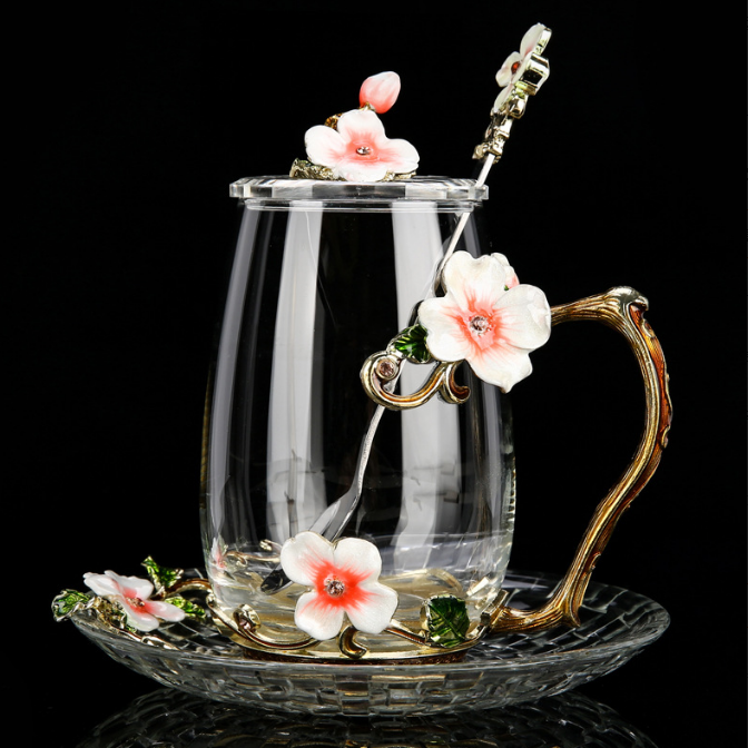 Enamel color water cup set with lid spoon crystal glass coffee cup tea cup