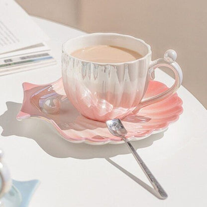 Ceramic Pearl Shell Cup with Dish Bright Coffee Cup for Girl
