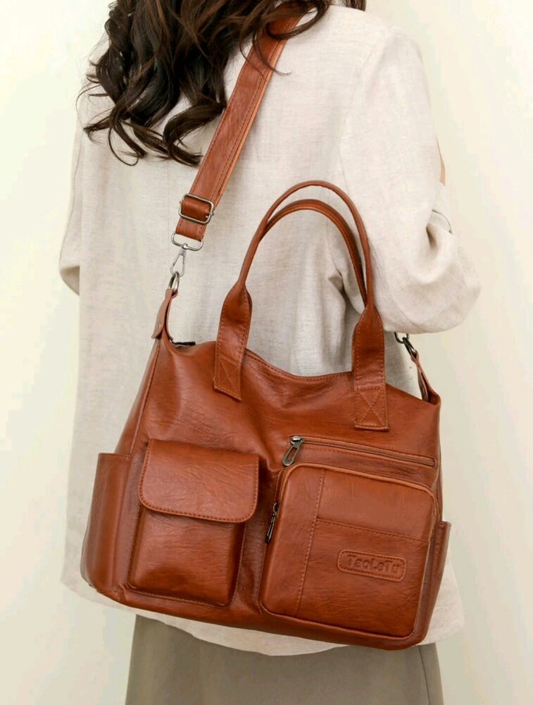 Leather Crossbody Bag For Women Large Shoulder Handbag Satchel Bags 14" (Brown)