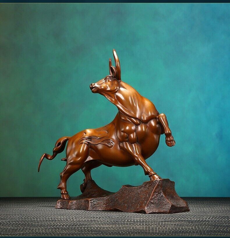 30cm,red copper Bull Sculpture Cow Cattle OX Statue Lucky wealth Modern home Art