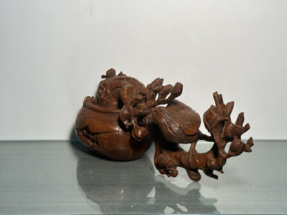 Chinese Natural Boxwood Carving Flower Bird Statue Woodwork Sculpture Decoration