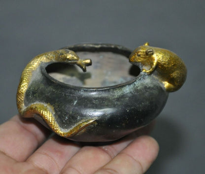 3.2"old China Temple Bronze Gilt Snake Mouse Statue Incense Animal Burner Censer