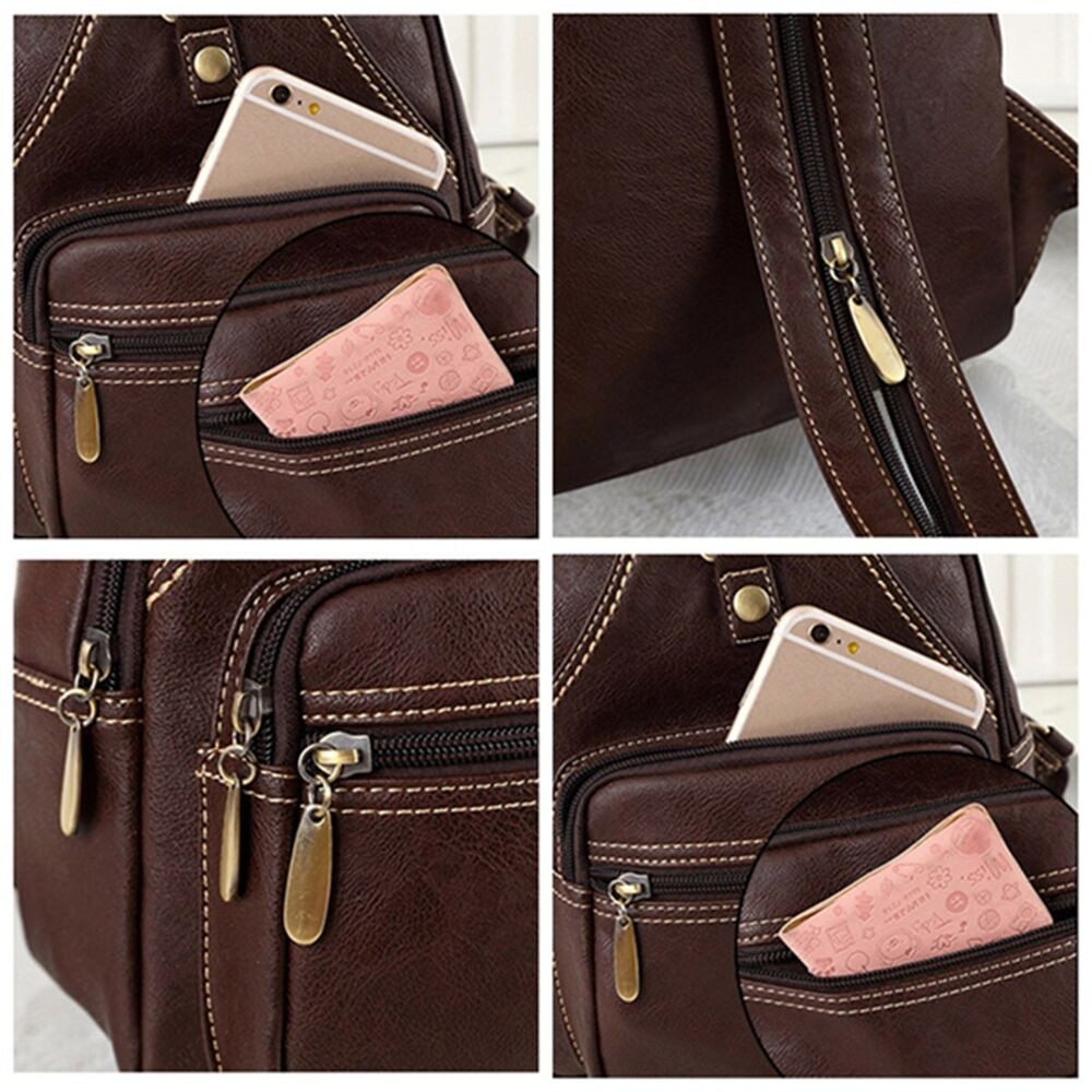 Womens PU Leather Vintage Outdoor Portable Chest Crossbody Shoulder Bag Backpack