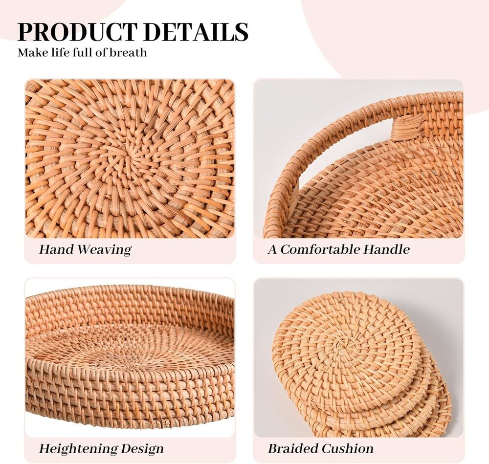 Large Round Rattan Serving Tray with 4 Coasters Coffee Table Home Decor 5 Pcs