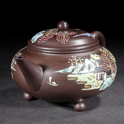 Vintage Chinese Yixing Purple Clay Teapot Zisha Painted Nice Landscape Teaware