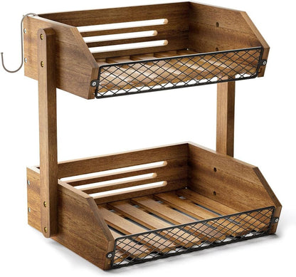 Fruit Basket for Kitchen with Banana Hanger Wooden Counter Storage Decor 2 Tier