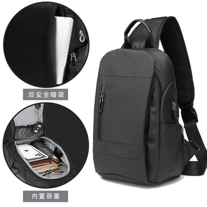 Men's Sling Backpack Oxford cloth Waterproof Crossbody Bag Black Daypack USBport