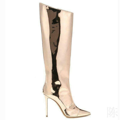 Women Metallic Mirror Patent Leather High Heel Knee High Boots Side Zipper Boots
