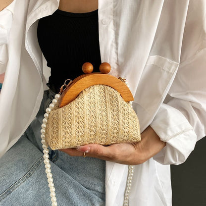 Vintage Pearl Chain Crossbody Bag Straw Woven Handbag Wooden Clip Shoulder Purse