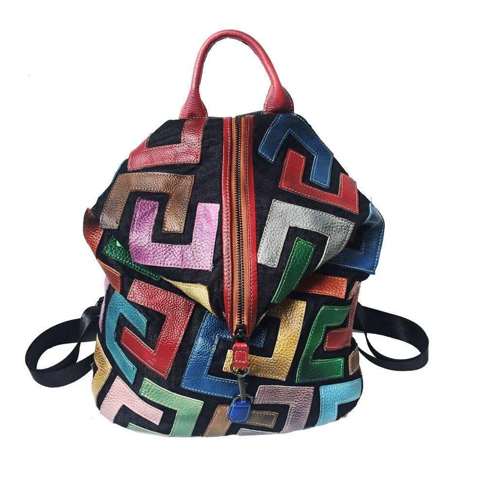 Genuine Leather Backpack Women Luxury School Bags 29*14*32CM Polyester Patchwork