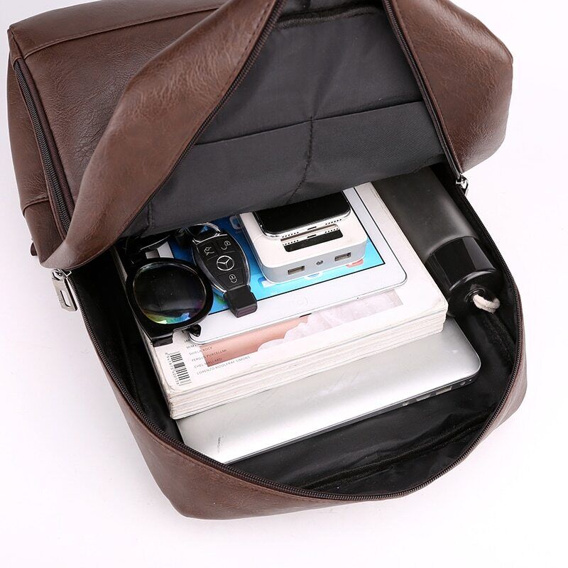 Multifunctional Backpack Men PU Leather Laptop Backbag Portable Travel Bag Male
