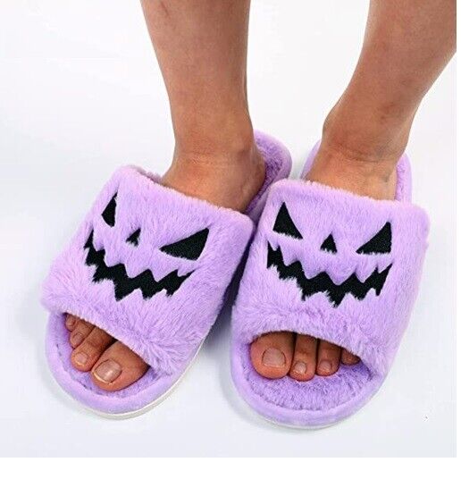 Women Halloween Pumpkin Slippers Soft Plush Flip Flop Indoor Warm Shoes 8.5~12in
