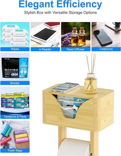 Bamboo Toilet Paper Holder Free Standing with Shelf Organizer Bathroom Decor