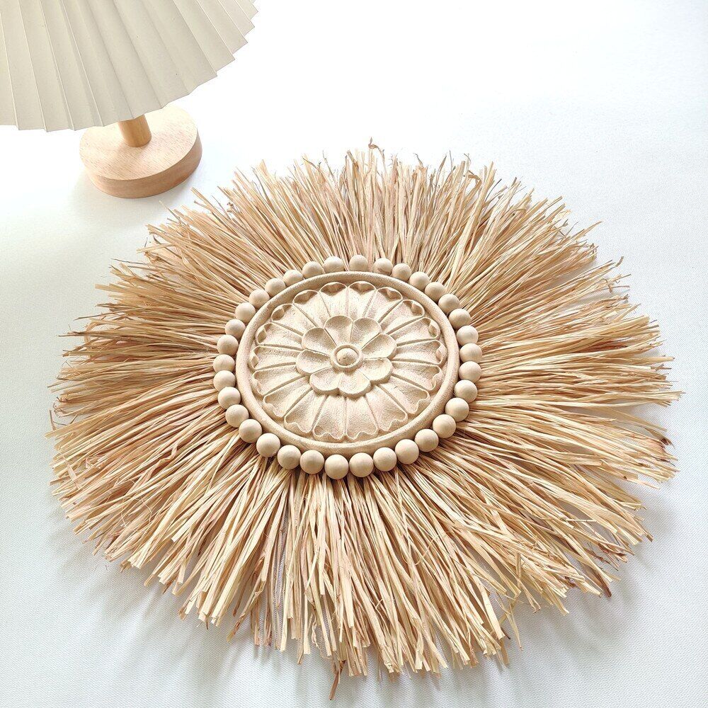 Wall Decor Boho Handmade Woven Straw Moroccan Wood Bead Hanging Ornament 45x45cm
