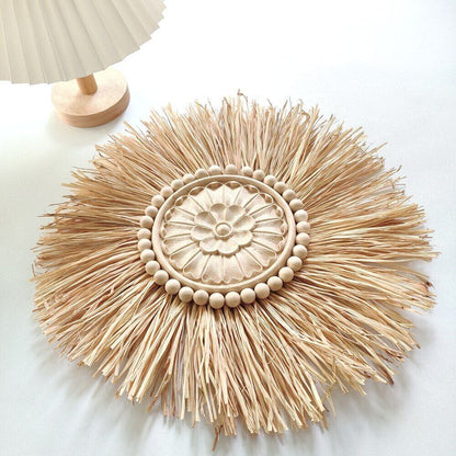 Wall Decor Boho Handmade Woven Straw Moroccan Wood Bead Hanging Ornament 45x45cm
