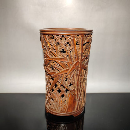 chinese bamboo carving antique carved brush pot pen case wood statue bamboo leaf