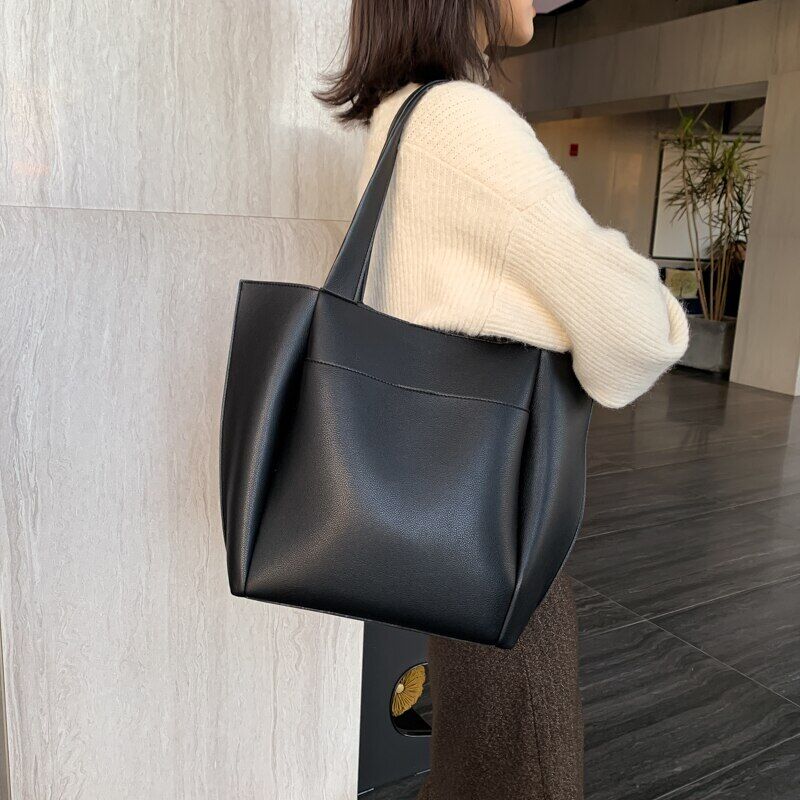 Leather Woman Tote Shopper Handbags Single Shoulder Bag with Outer Pocket
