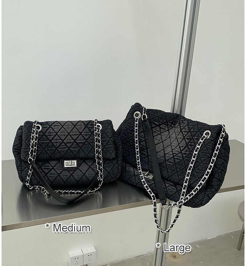 Medium/ Large Quilted Denim Shoulder Bag Flap Purse Handbag w/ Chains Tote Hobo