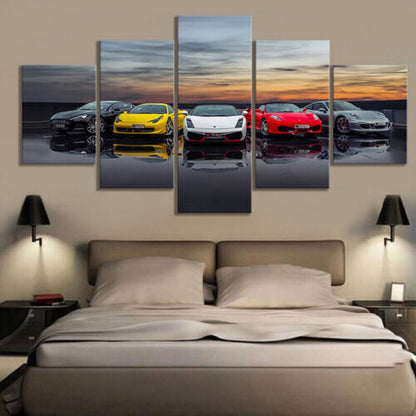 Colorful Luxury Car Collection 5 PCS Canvas Wall Art Painted Poster Home Decor