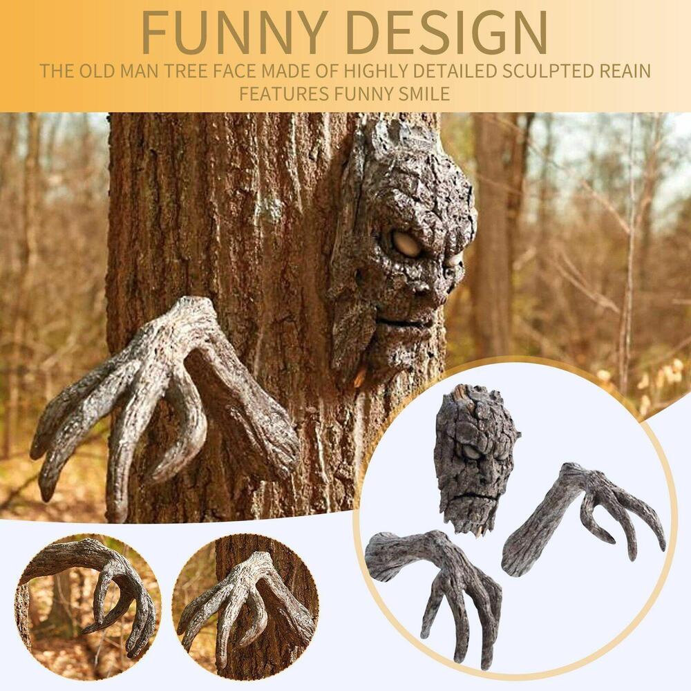 Tree Bark Face Halloween Outdoor Garden Statue Ghost Face Sculpture Decoration