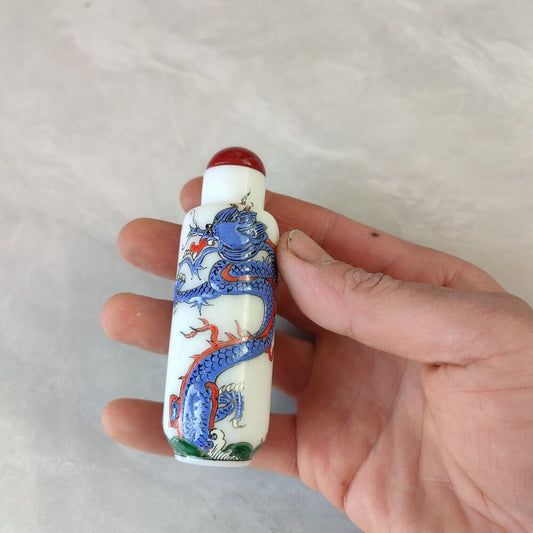 Chinese Dragon Statue Carved Glass Snuff Bottle Painted Relief Dragon Snuffbox