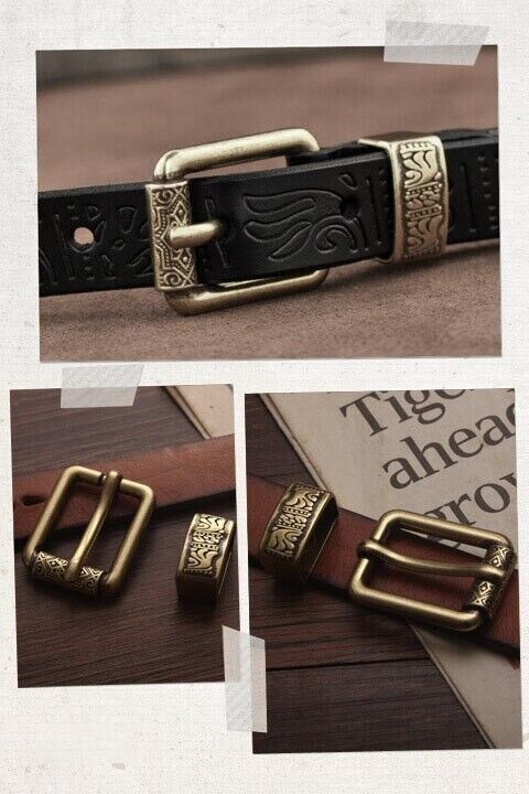 Men Belt Buckle Pin 2Pcs DIY Vintage Brass Carved Pattern Leather Craft Part 2cm