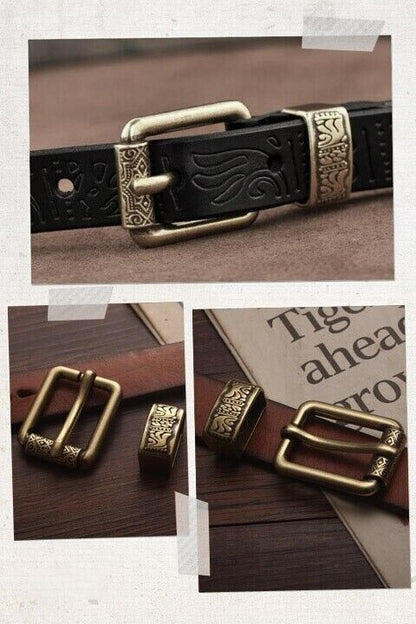Men Belt Buckle Pin 2Pcs DIY Vintage Brass Carved Pattern Leather Craft Part 2cm