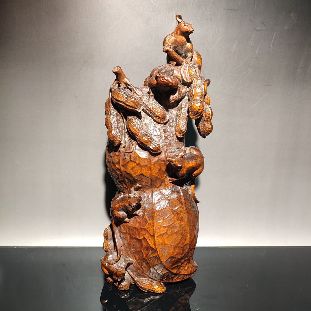 8" Chinese Wood Carving Mouse Peanut Appealing Sculpture Lovely Woodwork Decor