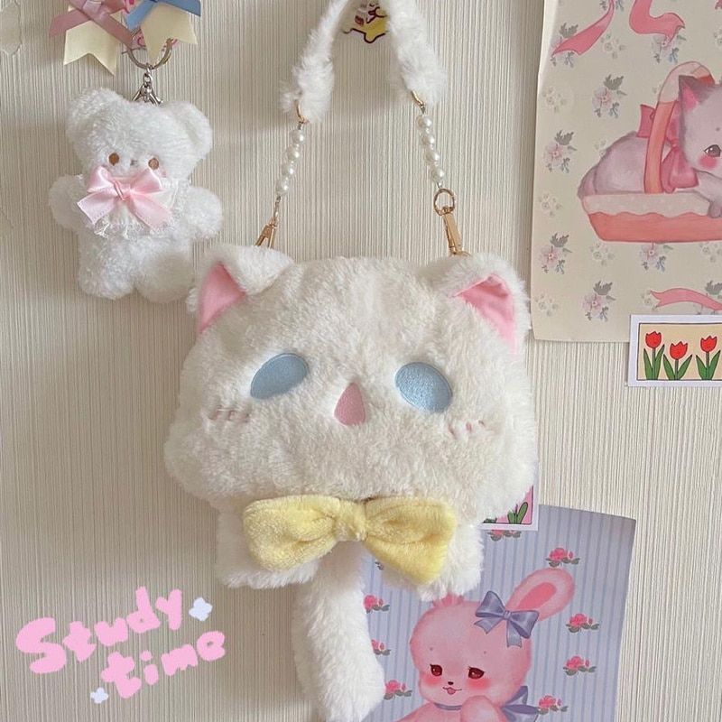 Cute Plush Bag Cat Shape Crossbody Bag Small Handbags Polyester Shoulder Purses
