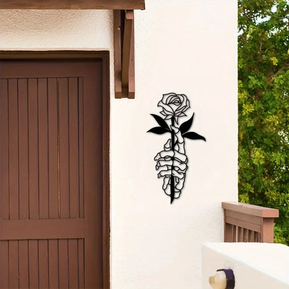 1pc Metal Deer Skull Hands Holding Flowers Art Wall Decor, Metal Wall Decor