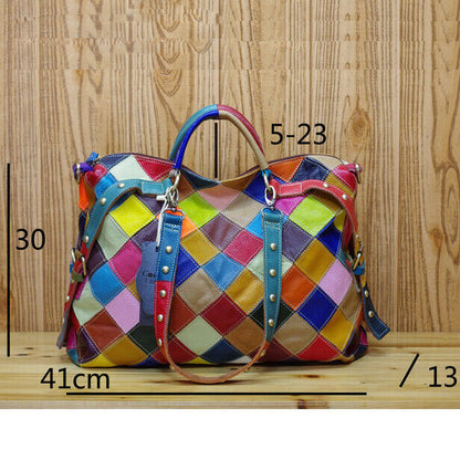 Genuine Cowhide Leather Colorful Blocks Patchwork Handbag Women's Tote Crossbody