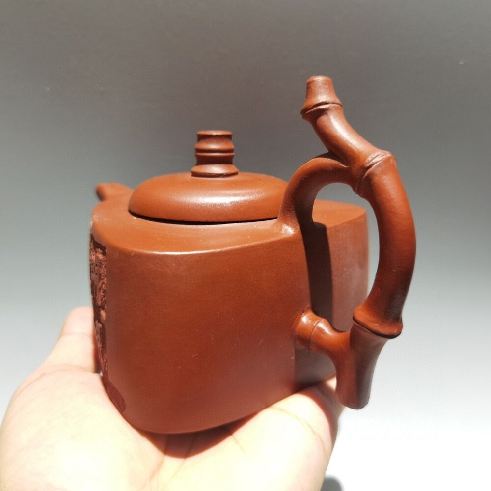 Vintage Chinese Yixing Purple Clay Teapot Zisha Ceramic Carving Bamboo Teaware