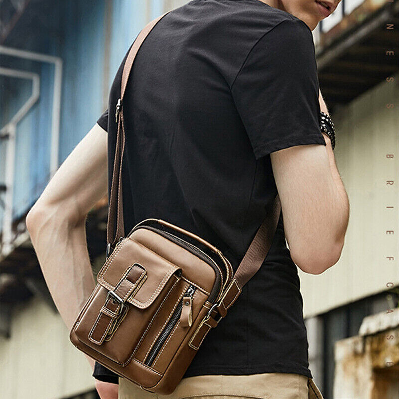 100% Genuine Leather Men's Black Sling Shoulder Bag Crossbody Bag 8 inch Handbag