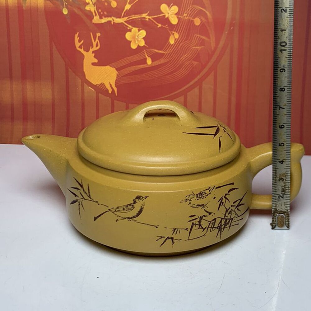 Vintage Chinese Yixing Purple Clay Teapot Zisha Ceramic Painted Bamboo Bird Rare