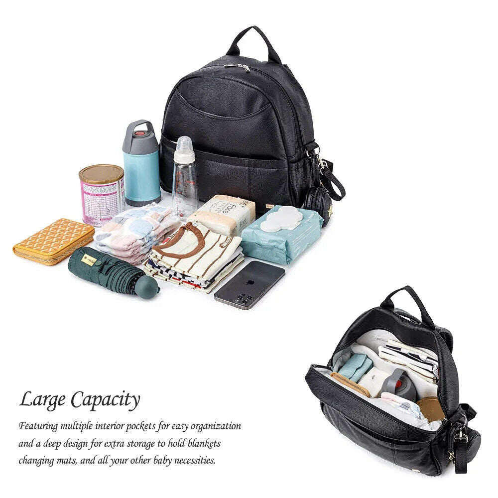 PU Black Diaper Backpack Baby Pockets Diaper Bag for Mother Travel Bag